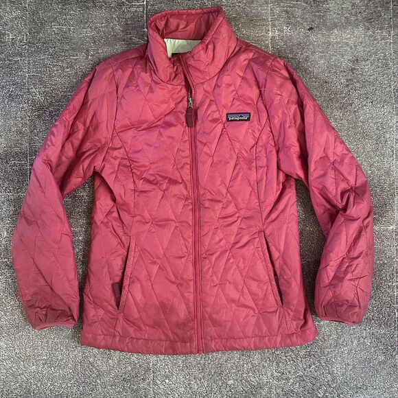Kids Patagonia Nano Puff Barbie Pink Diamond Quilted Puffer Zip Jacket Sz L (12)